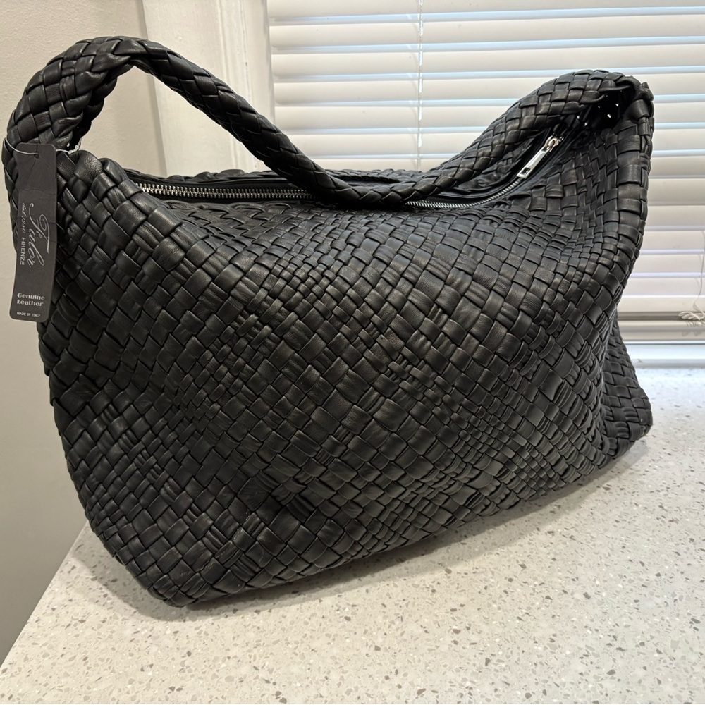XL Botegga style Woven Leather Hobo Falor Bag - Black/ silver NWOT - Picture 4 of 14